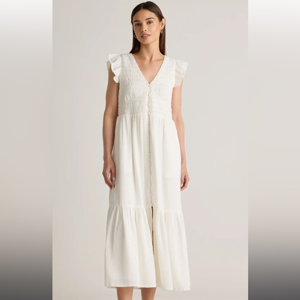 White Textured Smocked Sleeveless Maxi Dress